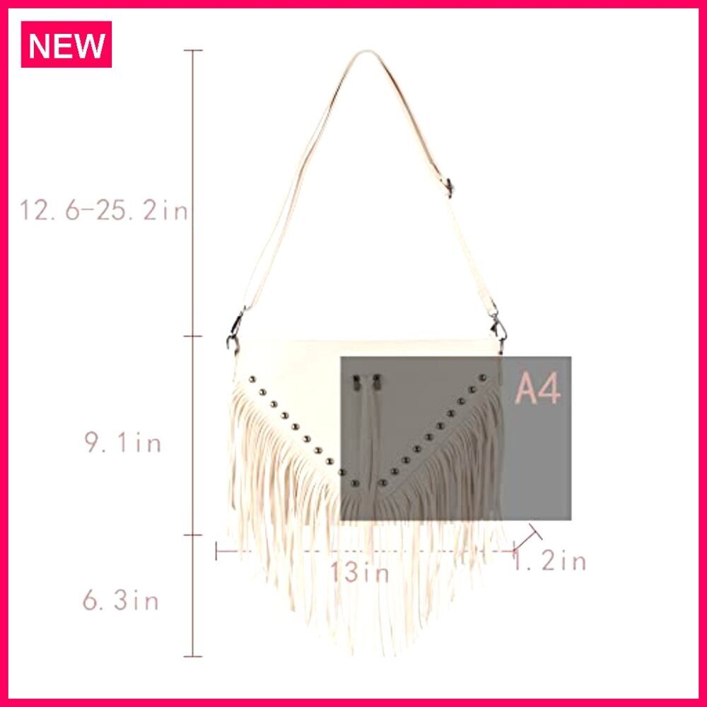 Large Leather Fringe Messenger Hobo Crossbody Bag with Tassel - Picture 4 of 8